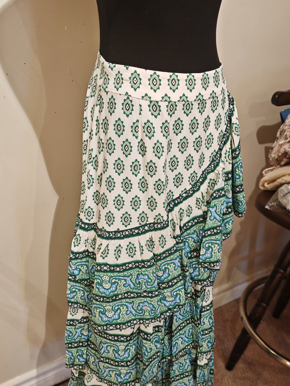 Sandro Green & White Printed Ruffle Wrap Skirt - Picture 10 of 16